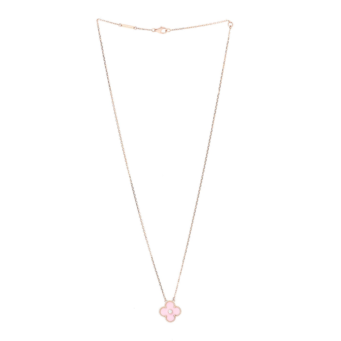 18K Rose Gold Diamond Pink Porcelain Vintage Alhambra Pendant Necklace