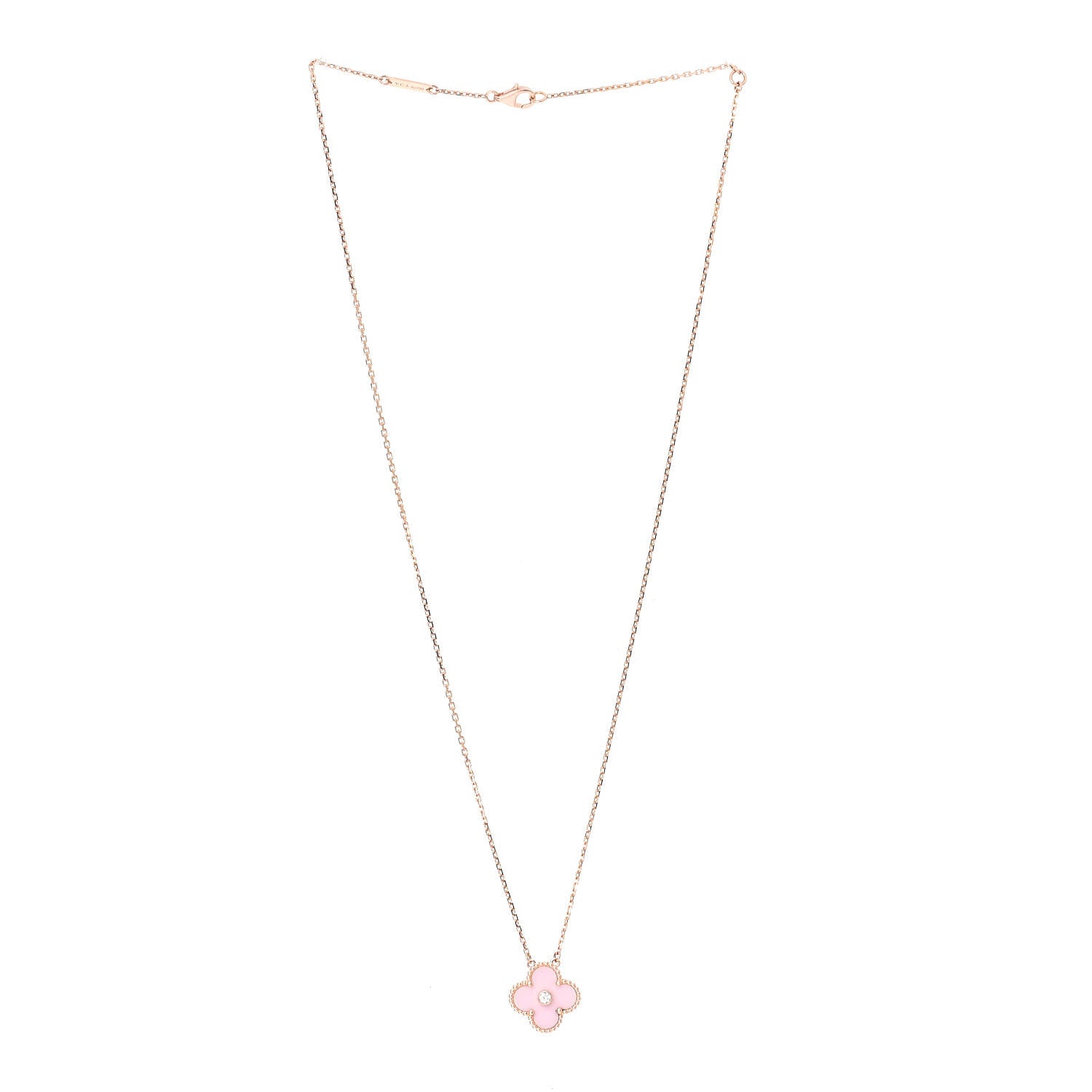 Van Cleef & Arpels 18K Rose Gold Diamond Pink Porcelain Vintage Alhambra Pendant Necklace 3 of 6