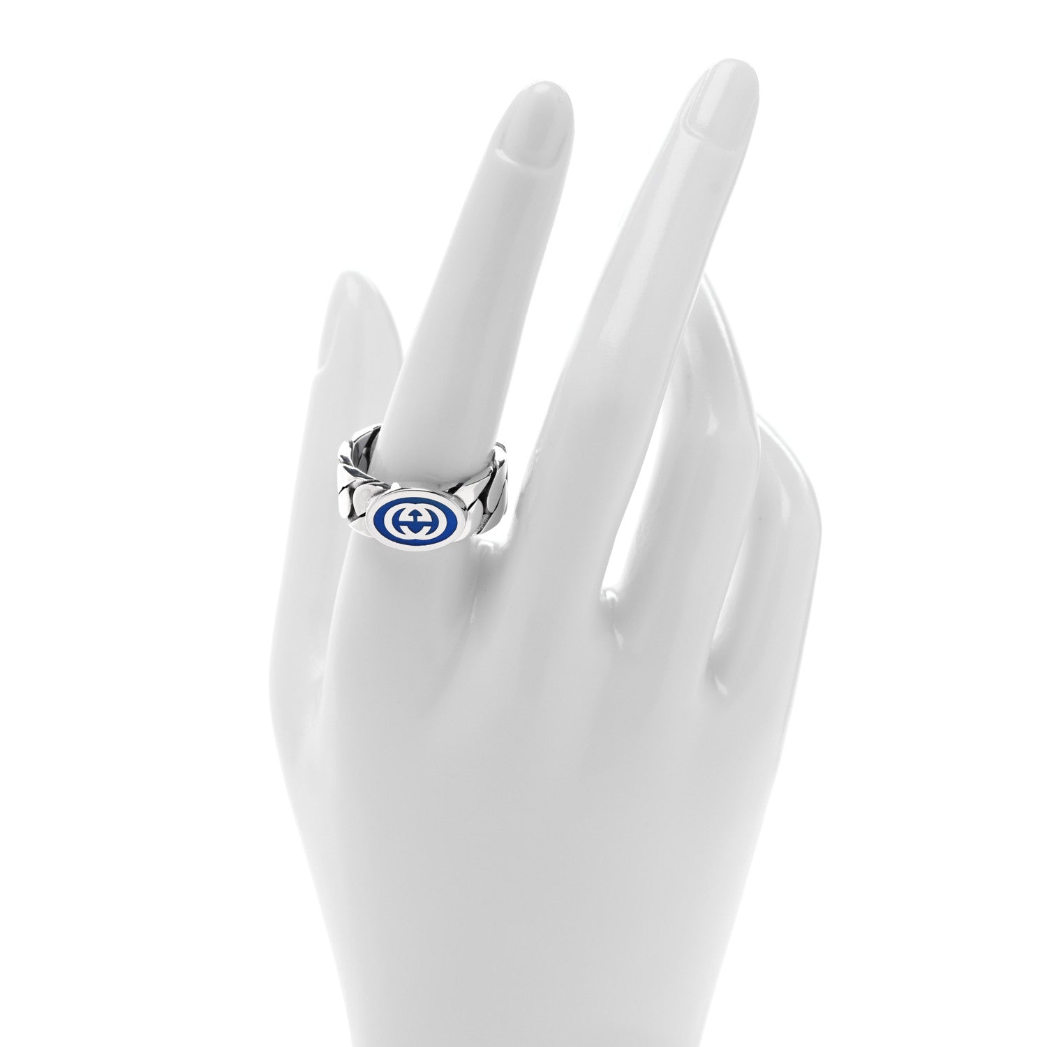 Gucci Sterling Silver Enamel Interlocking G Chain Ring 61 9.75 Blue 2 of 5
