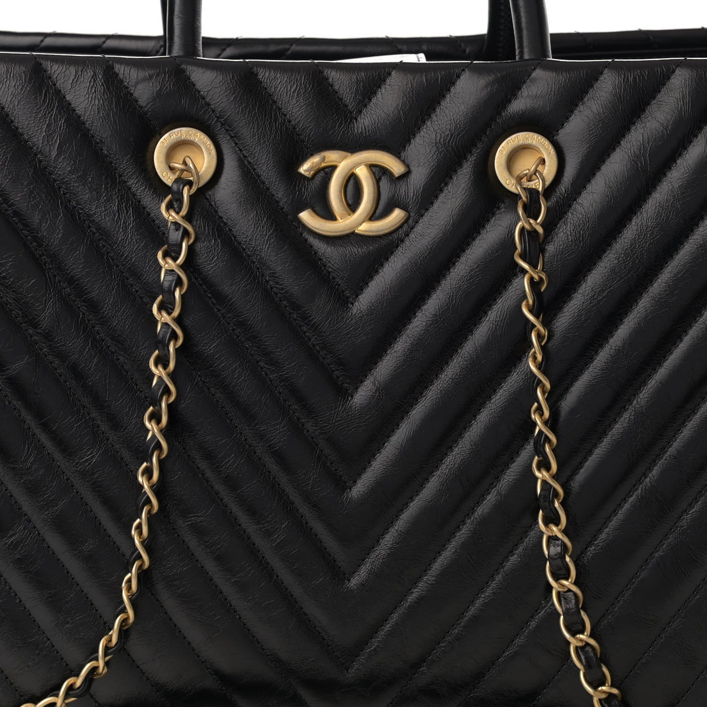 Aged Calfskin Chevron Large Coco Handle Shopping Tote Black