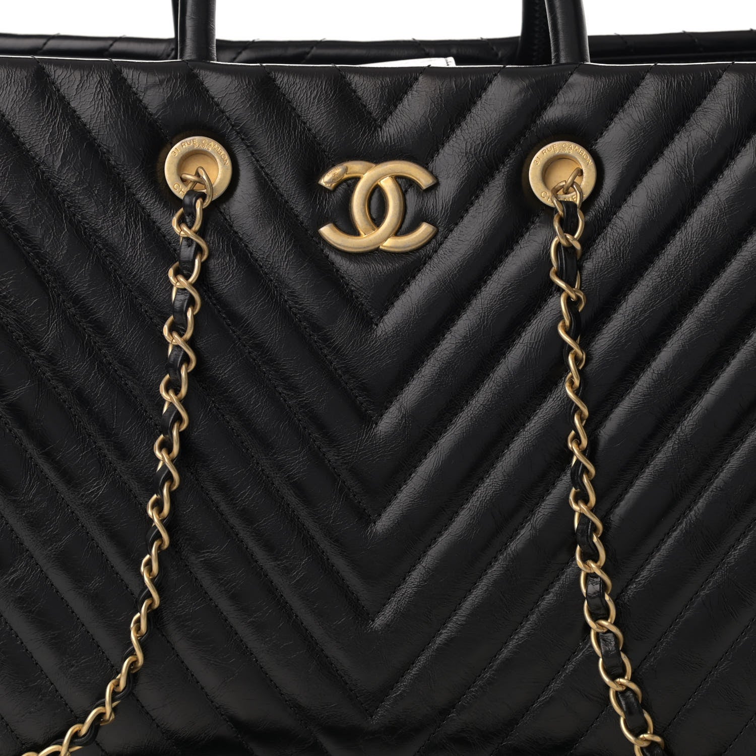 Chanel Aged Calfskin Chevron Large Coco Handle Shopping Tote Black 9 of 11