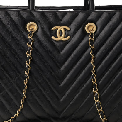 Chanel Aged Calfskin Chevron Large Coco Handle Shopping Tote Black 9 of 11