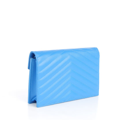 Saint Laurent Grain De Poudre Matelasse Chevron Monogram Chain Wallet Light Blue 3 of 8