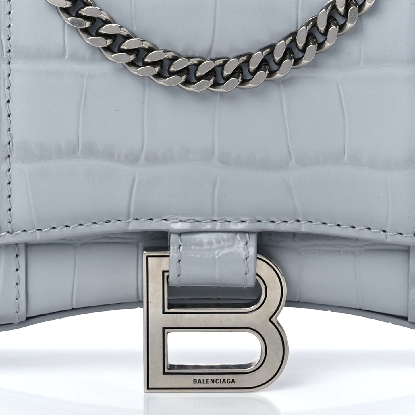 Shiny Calfskin Crocodile Embossed Hourglass Chain Bag Grey