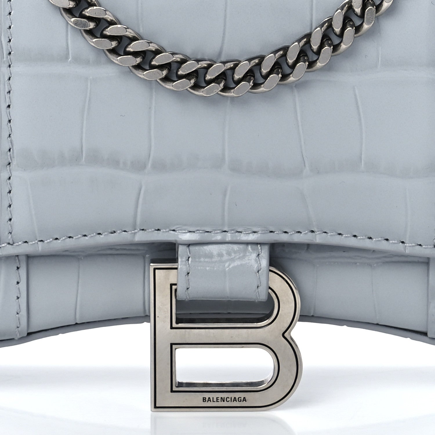 Balenciaga Shiny Calfskin Crocodile Embossed Hourglass Chain Bag Grey 8 of 11