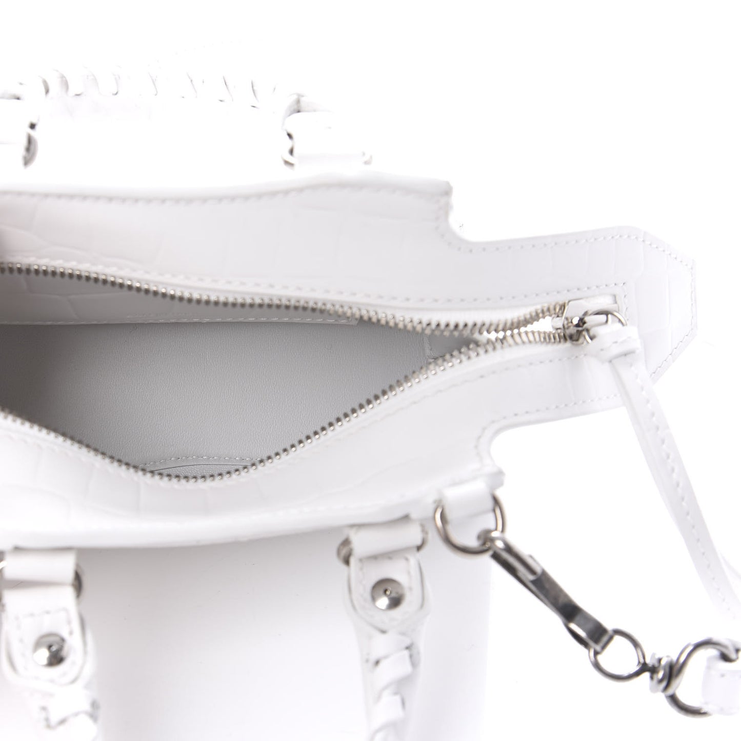 Semi Shiny Calfskin Crocodile Embossed Neo Classic Silver Hardware Mini City White