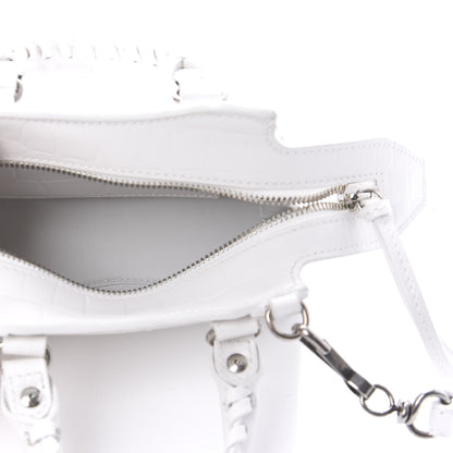 Balenciaga Semi Shiny Calfskin Crocodile Embossed Neo Classic Silver Hardware Mini City White 5 of 9