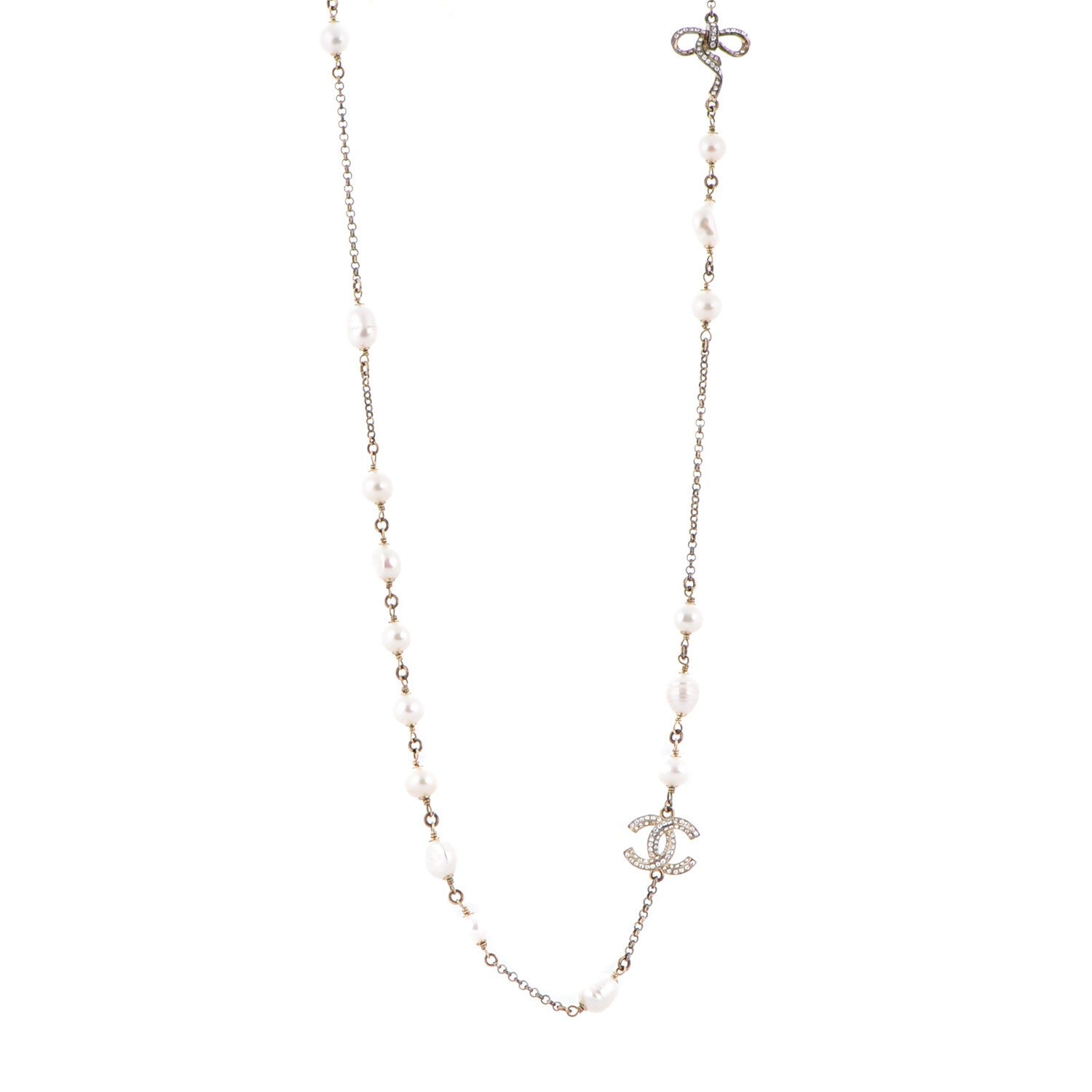 Chanel Crystal Pearl CC Bow Long Necklace Light Gold 1 of 7