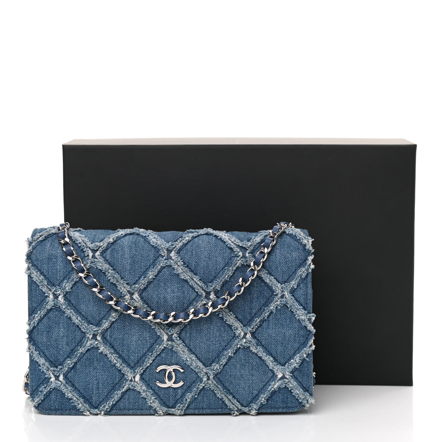 Frayed Denim Quilted Wallet On Chain WOC Blue