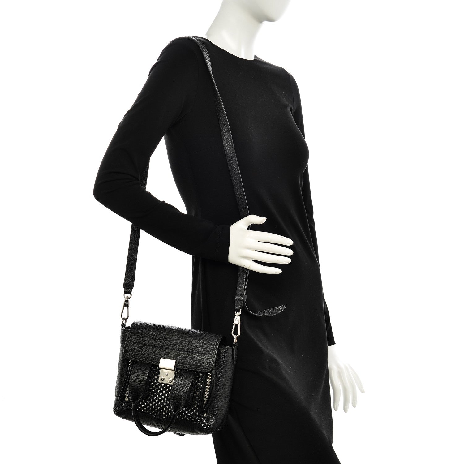 3.1 Phillip Lim 3.1 Textured Calfskin Woven Panel Mini Pashli Satchel Black Silver 2 of 10