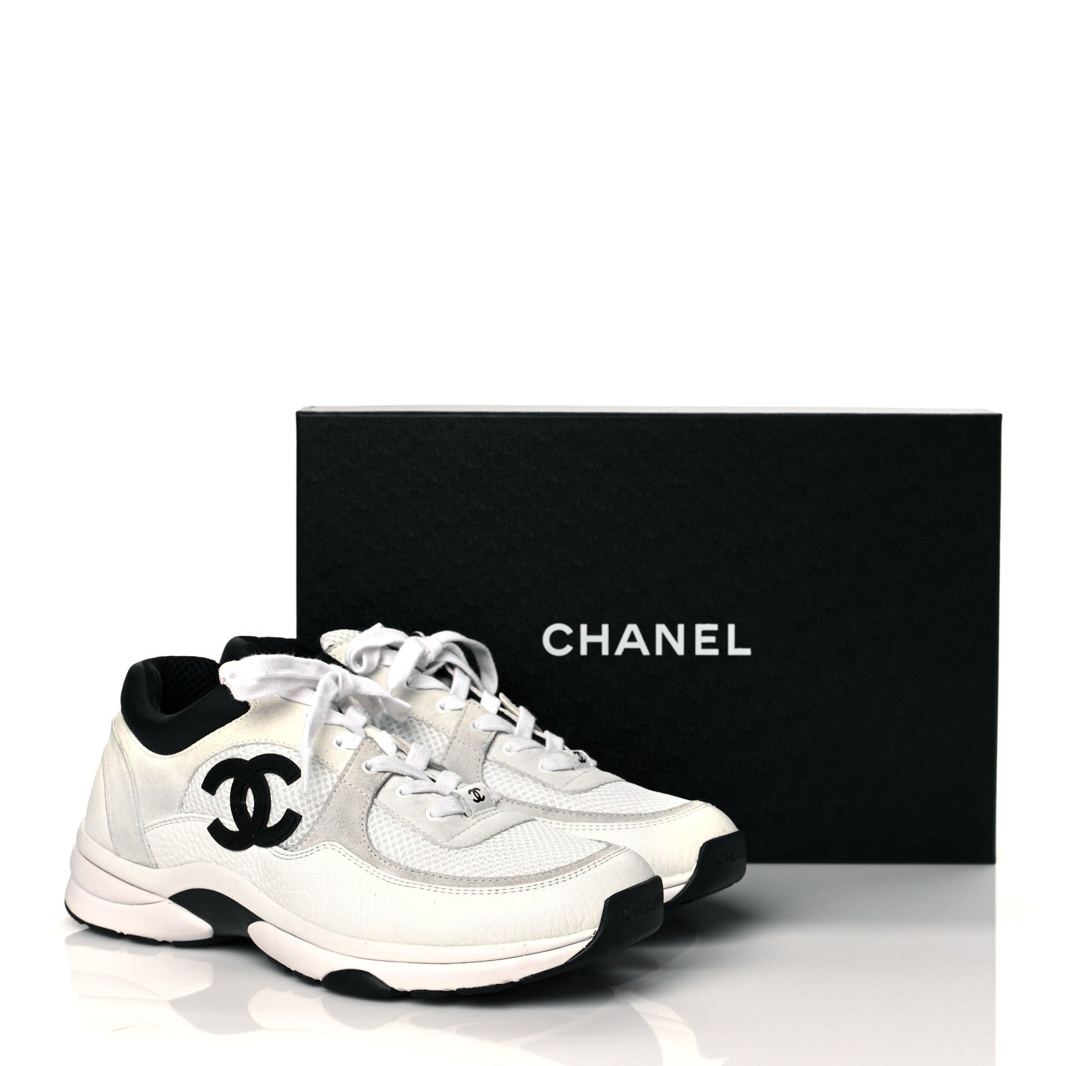 Chanel Mesh Suede Calfskin Grained Calfskin Womens CC Sneakers 41 White Black 9 of 9