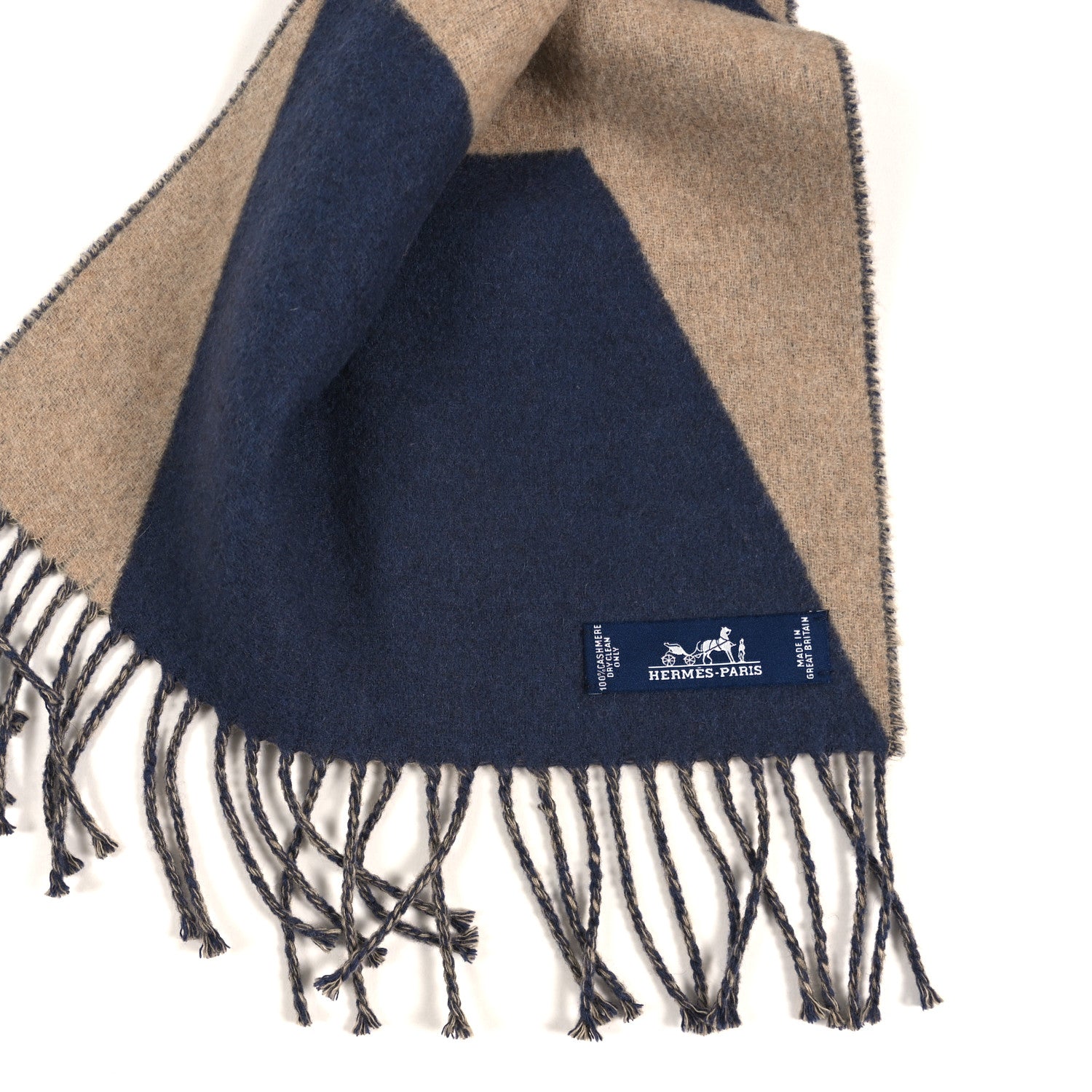 Hermes Cashmere Casaque Optique Muffler Bleu Beige Naturel 1882003