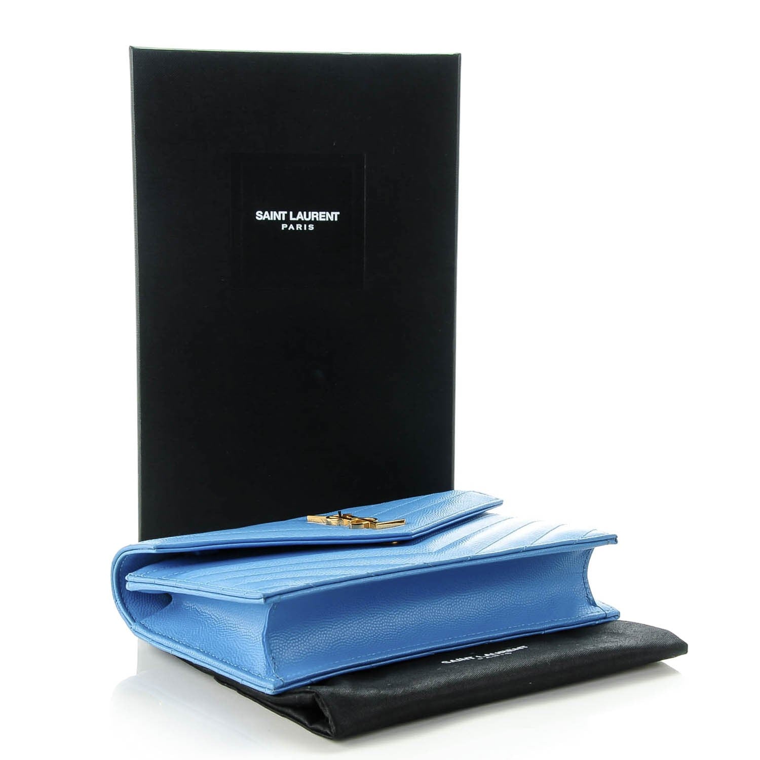 Saint Laurent Grain De Poudre Matelasse Chevron Monogram Envelope Chain Wallet Blue Clair 4 of 7