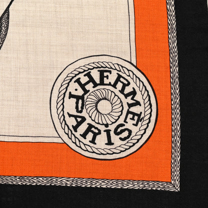 Hermes Cashmere Silk Zouaves Et Dragons Shawl 140 Naturel Orange Black 2 of 5
