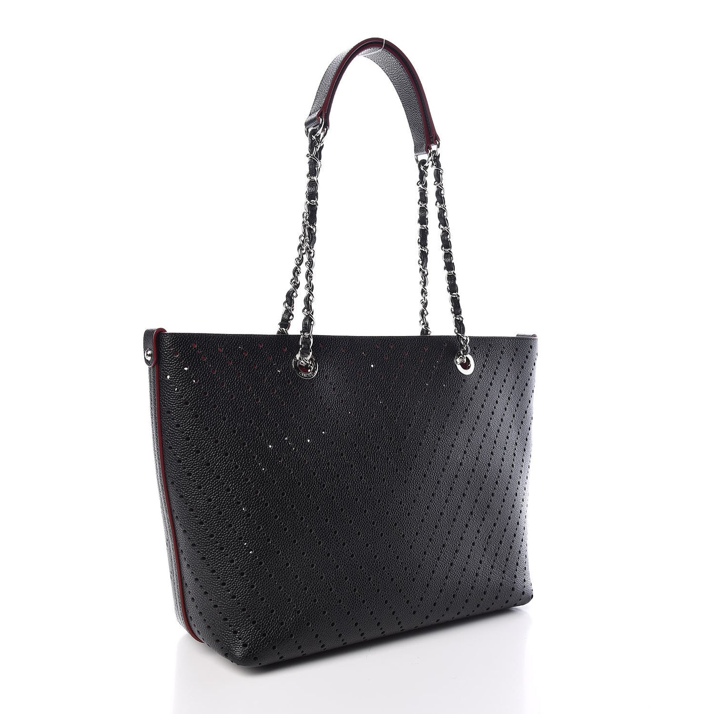 Perforated Grained Calfskin Large Shopping Tote Black