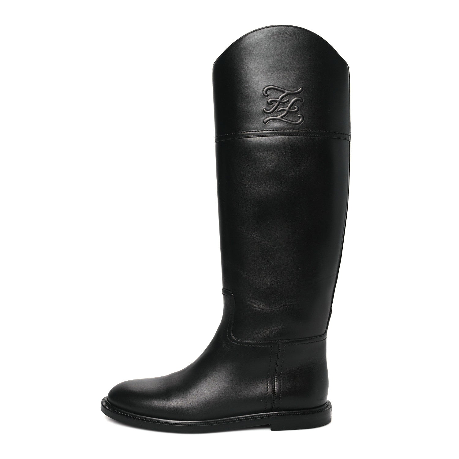 Fendi Vitello Karligraphy Embossed Tall Riding Boots 37.5 Black 1 of 8