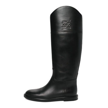 Fendi Vitello Karligraphy Embossed Tall Riding Boots 37.5 Black 1 of 8