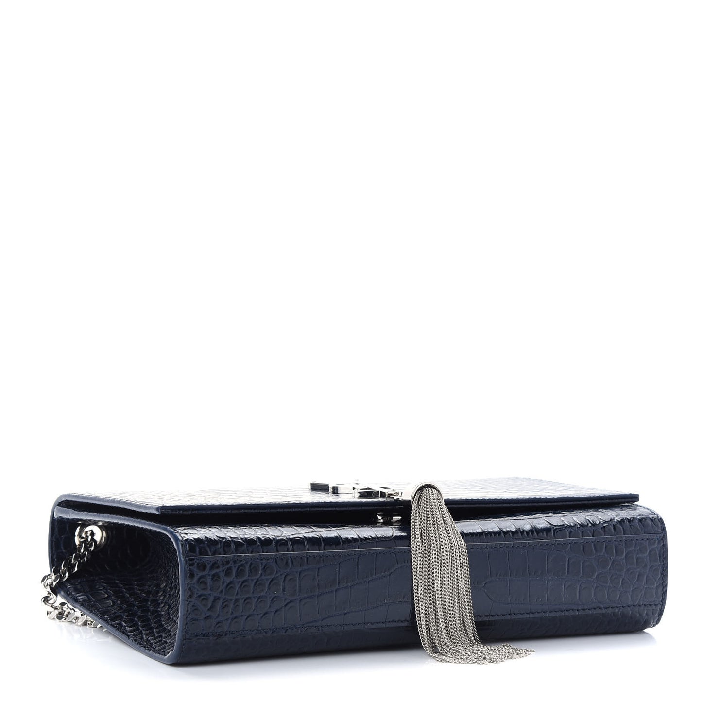 Calfskin Crocodile Embossed Medium Classic Monogram Kate Tassel Satchel Deep Marine