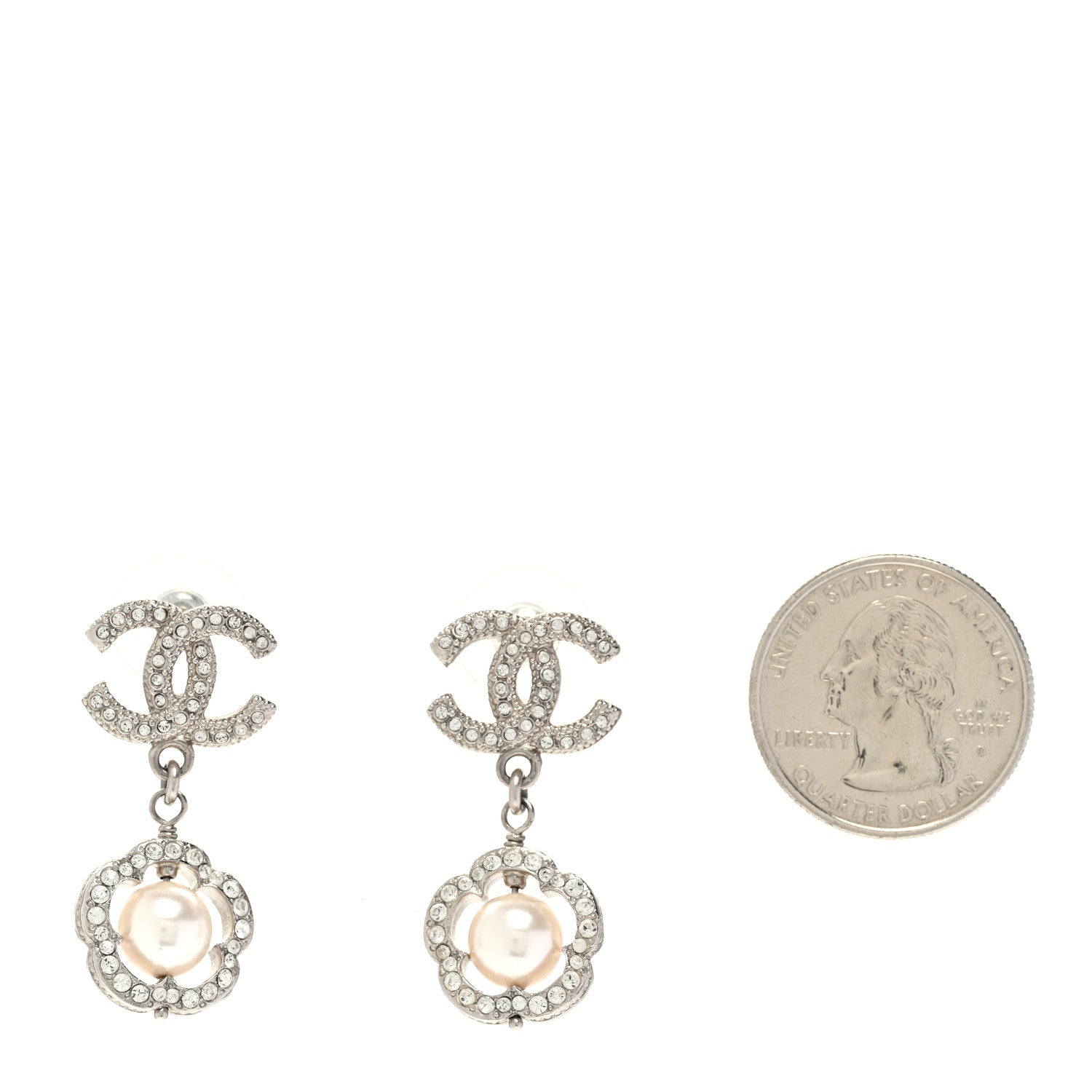 Chanel Crystal Pearl Camellia CC Coco Flapper Drop Earrings Silver 2 of 4
