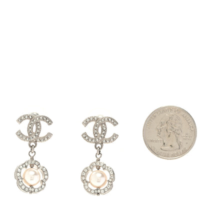 Chanel Crystal Pearl Camellia CC Coco Flapper Drop Earrings Silver 2 of 4