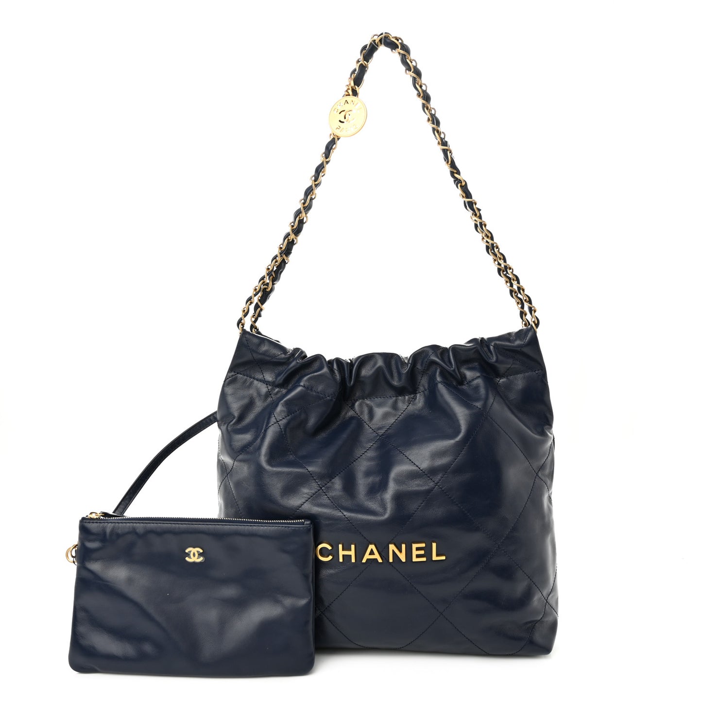 Shiny Calfskin Quilted Small Chanel 22 Navy