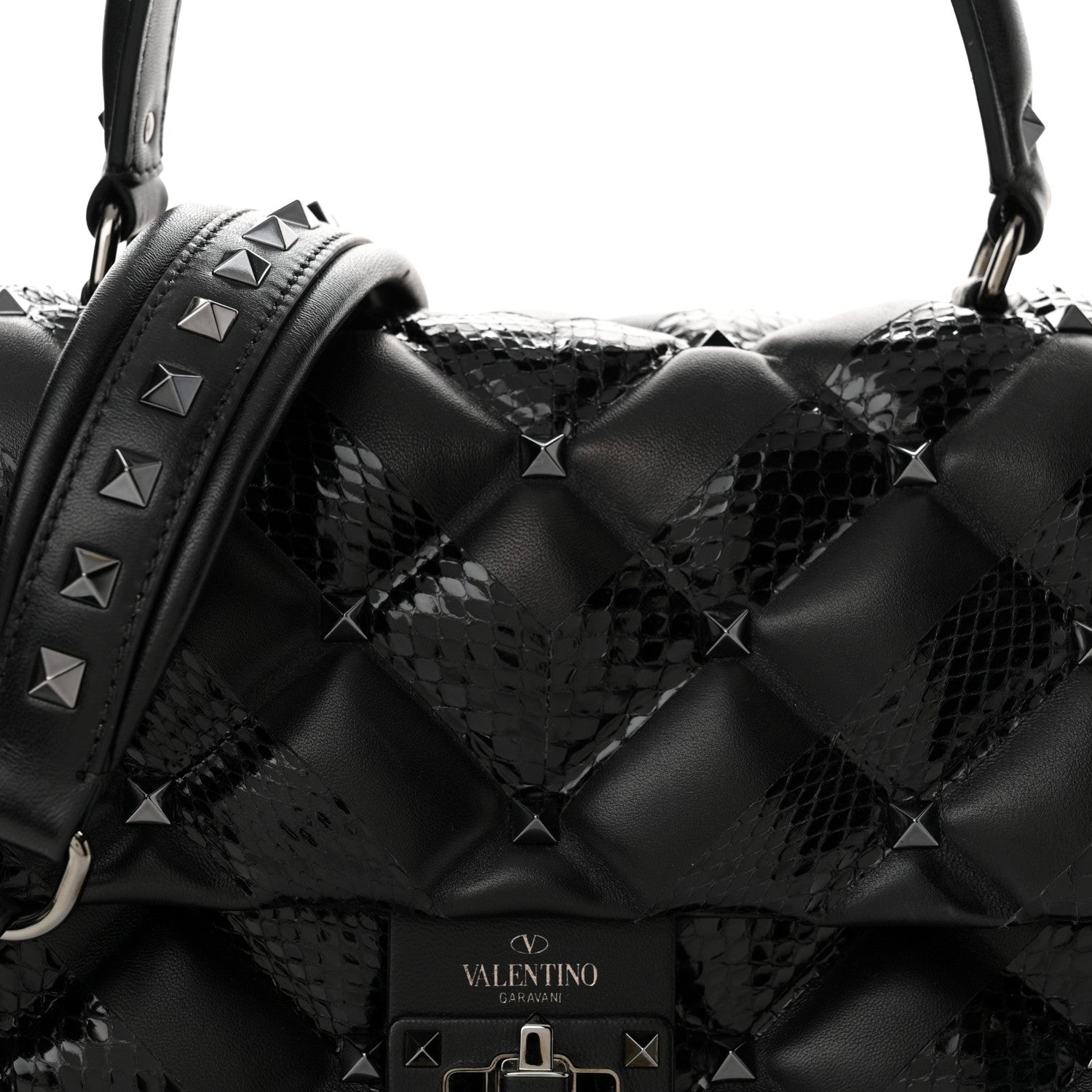 Valentino Garavani Nappa Snakeskin Monochrome Medium Candystud Top Handle Bag Black 7 of 9