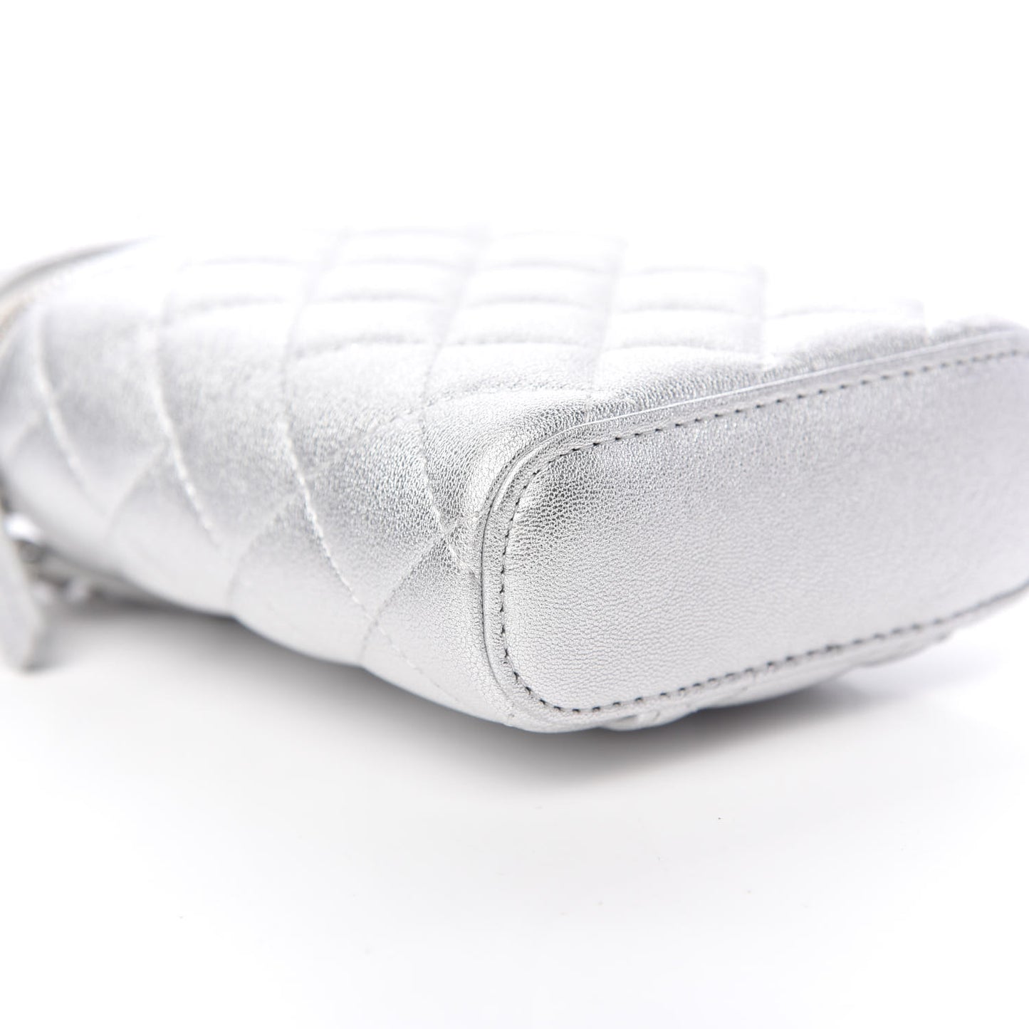 Metallic Lambskin Quilted Phone Holder With Chain Silver