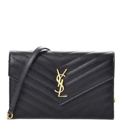 Saint Laurent Grain De Poudre Matelasse Chevron Monogram Envelope Chain Wallet Black 1 of 8