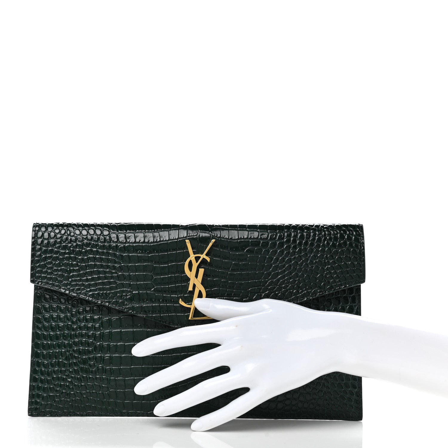 Saint Laurent Calfskin Crocodile Embossed Uptown Monogram Pouch Mint 2 of 9