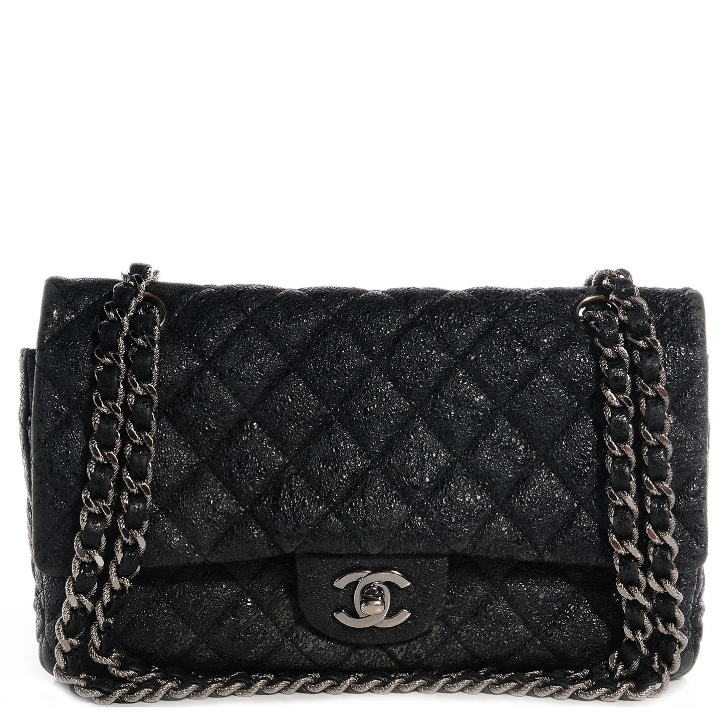 Crackled Calfskin Medium Double Flap Black