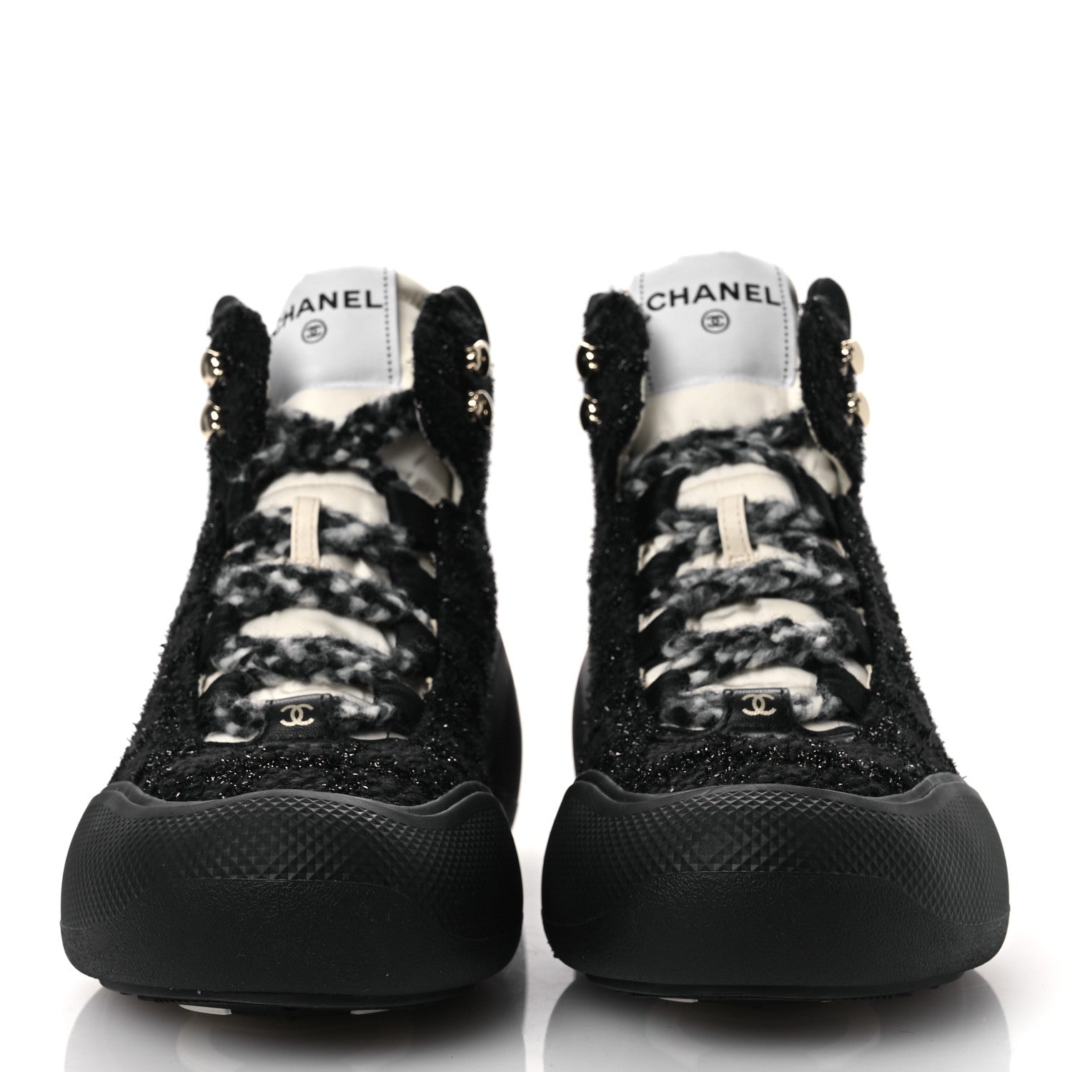 Chanel Tweed CC Lace Up Ankle Snow Boots 38.5 Black 3 of 11