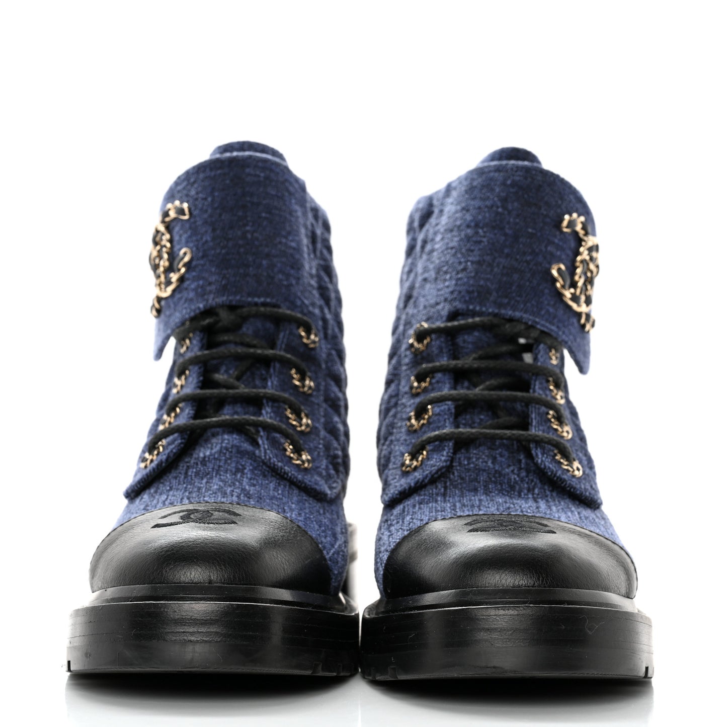 Denim Calfskin Quilted Lace Up Combat Boots 39.5 Blue