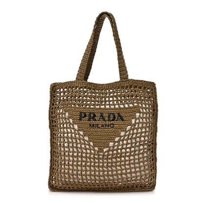 Prada Yarn Raffia Effect Crochet Logo Embroidered Tote Bag Dark Green 1 of 9