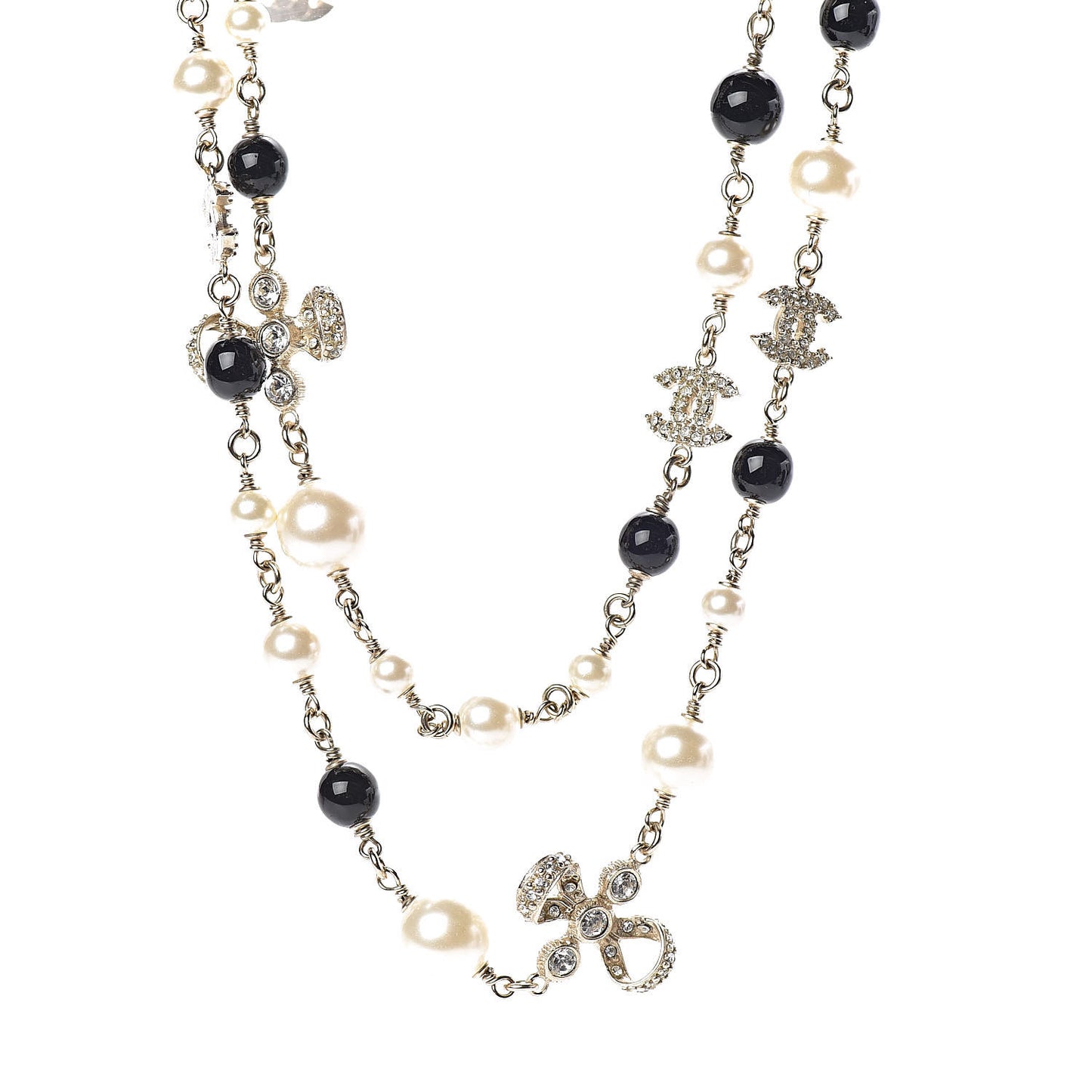 Crystal Pearl CC Bow Necklace Black Gold
