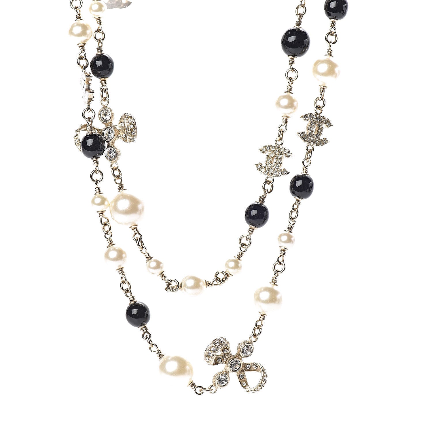 Chanel Crystal Pearl CC Bow Necklace Black Gold 1 of 5