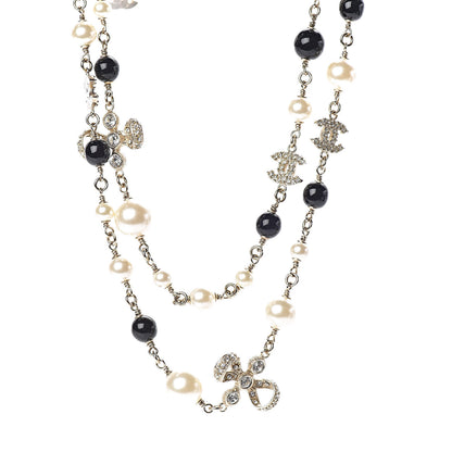 Chanel Crystal Pearl CC Bow Necklace Black Gold 1 of 5