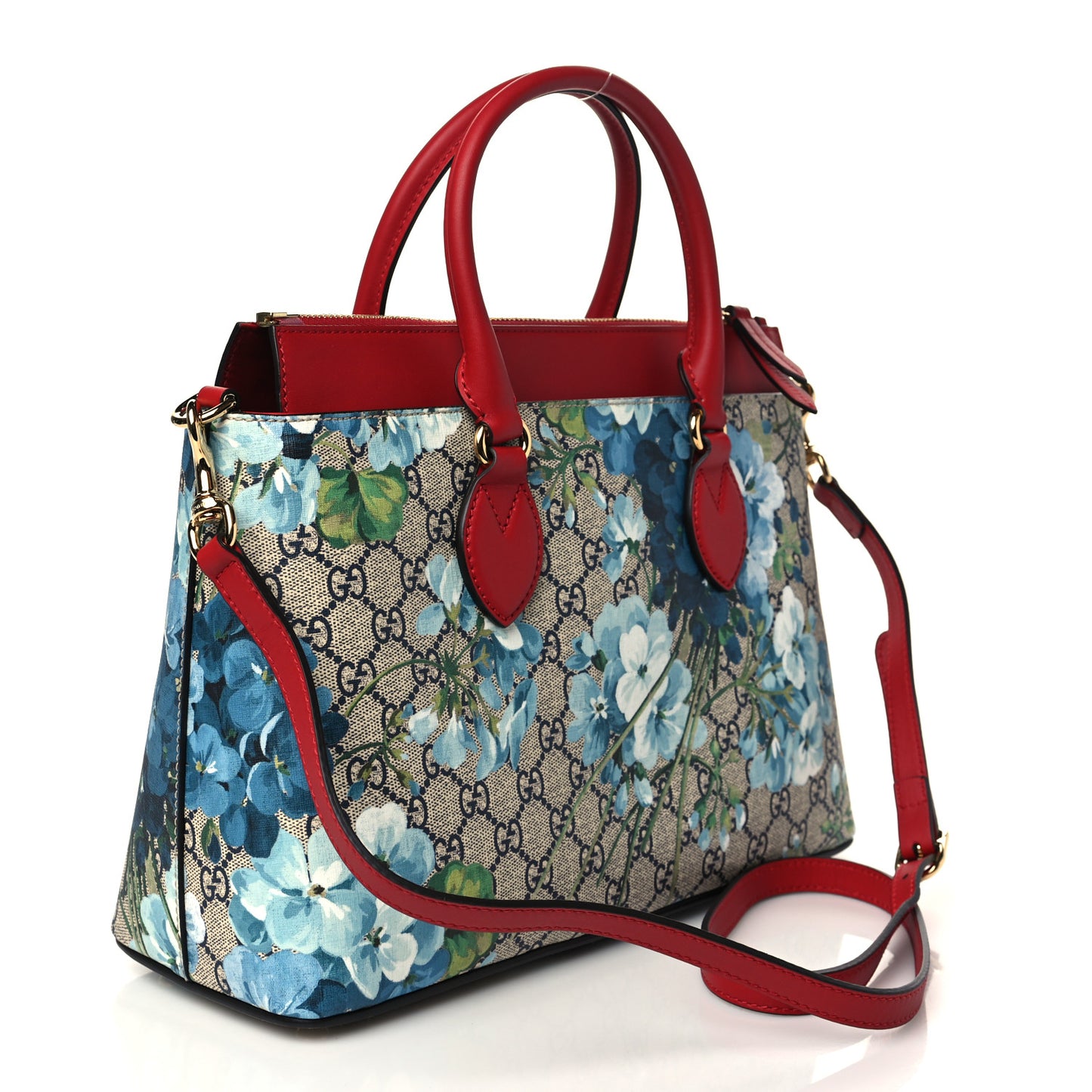 GG Supreme Monogram Blooms Small Zip Top Tote Beige Blue Navy Hibiscus Red