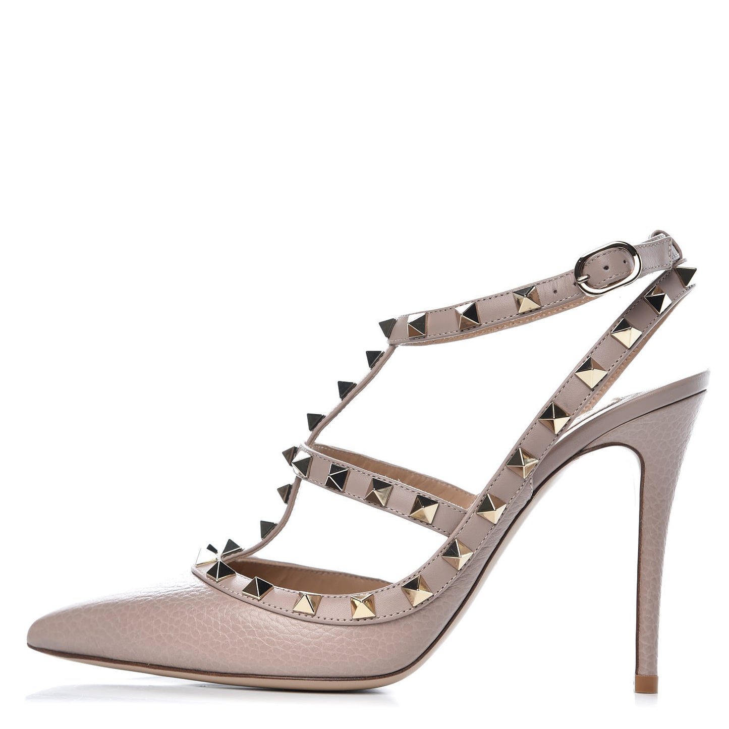 Pebbled Calfskin Rockstud Ankle Strap Pumps 38 Poudre
