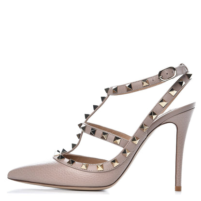 Valentino Garavani Pebbled Calfskin Rockstud Ankle Strap Pumps 38 Poudre 1 of 12