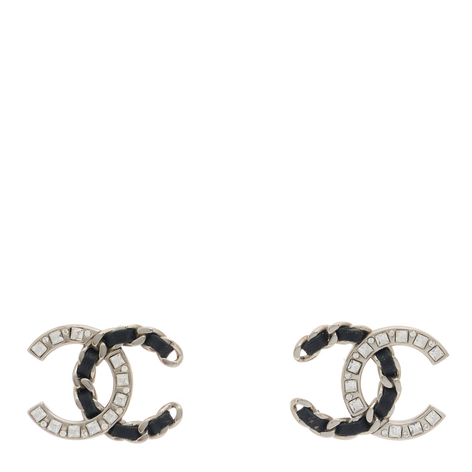 Chanel Crystal Baguette Lambskin Chain CC Vintage Allure Stud Earrings Black Silver 1 of 5