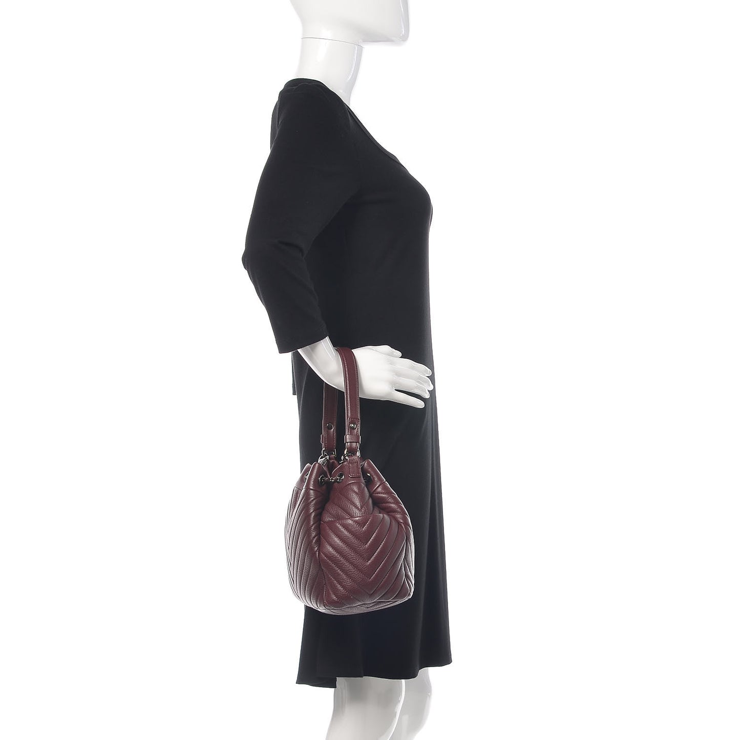 Deerskin Chevron Small CC Chain Bucket Bag Burgundy