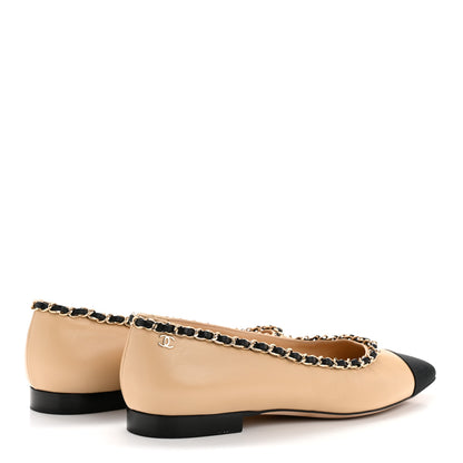 Chanel Lambskin Grosgrain Chain Cap Toe Flats 37.5 Beige Black 5 of 11