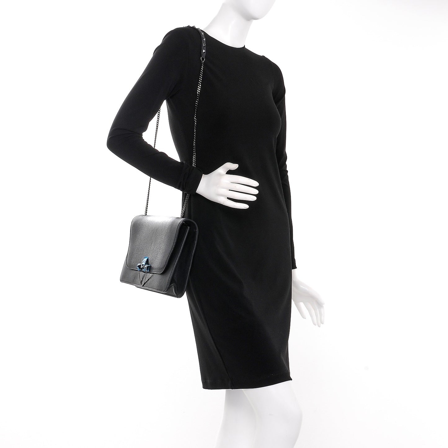 Patent Pebbled Calfskin Medium Rockstud Demilune Shoulder Bag Black