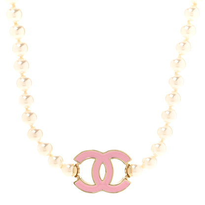 Chanel Pearl Enamel CC Choker Necklace Gold White Pink 1 of 6