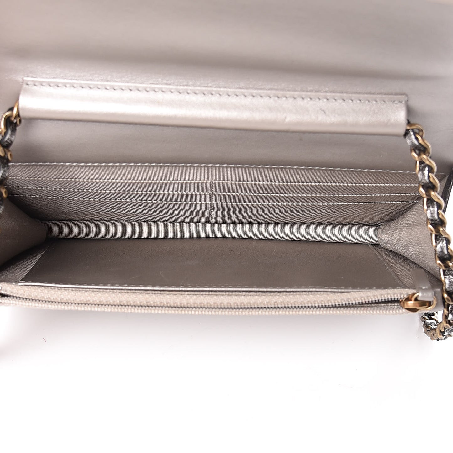 Cracked Metallic Calfskin Quilted Boy Wallet On Chain WOC Dark Silver
