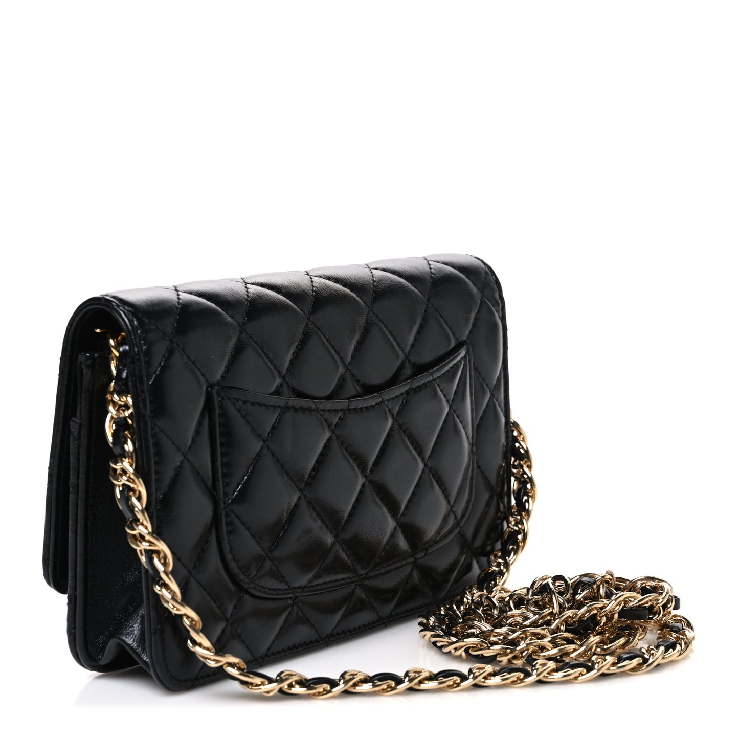 Shiny Lambskin Quilted Golden Links Wallet On Chain WOC Black