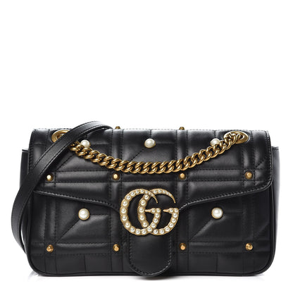 Gucci Calfskin Matelasse Studded Small Pearly GG Marmont Shoulder Bag Black 1 of 7