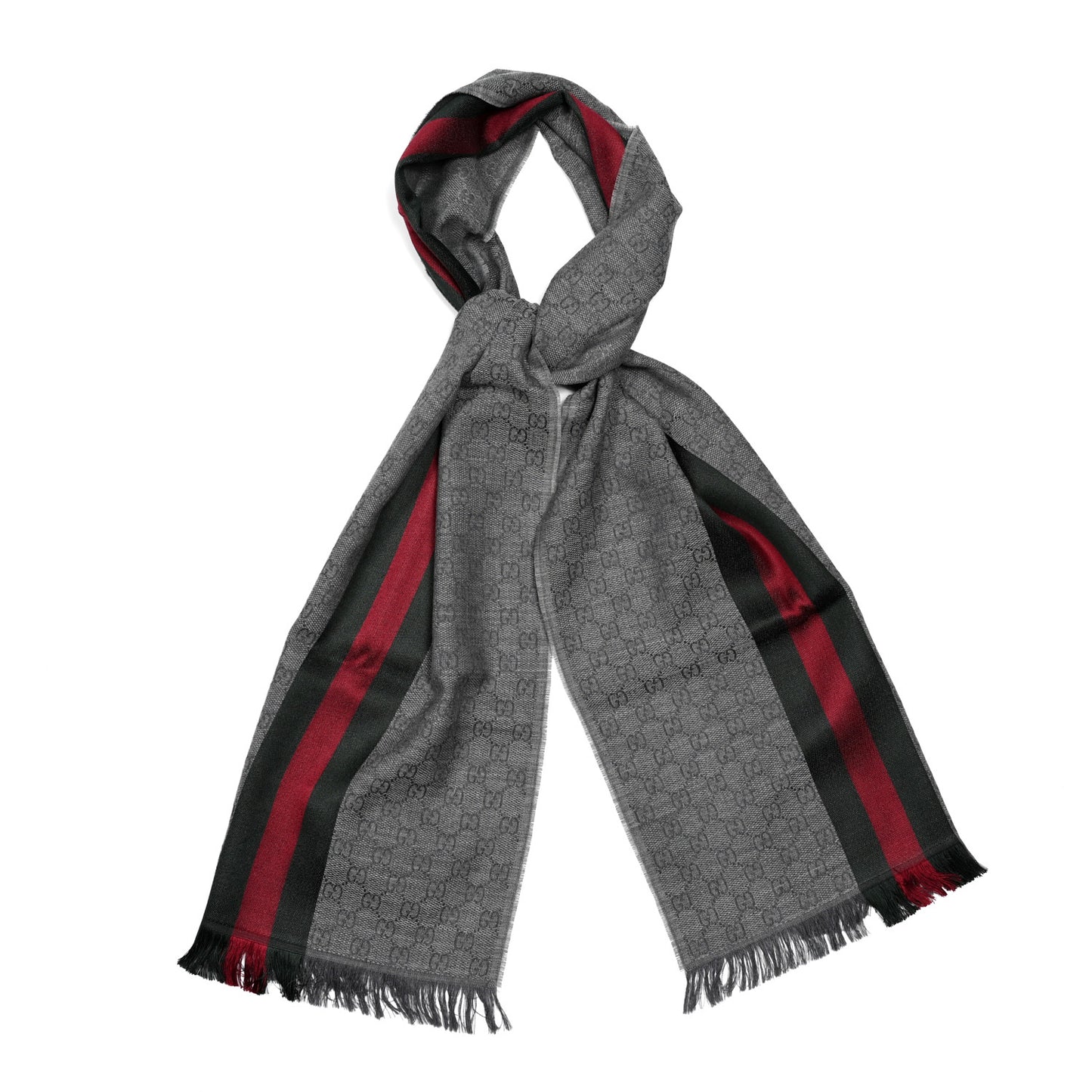 Wool Silk GG Monogram Web Verbiere Fringe Scarf Graphite Dark Green