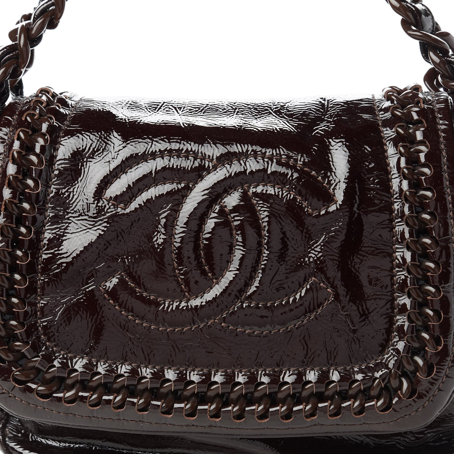 Crinkled Patent Modern Chain Flap Dark Brown
