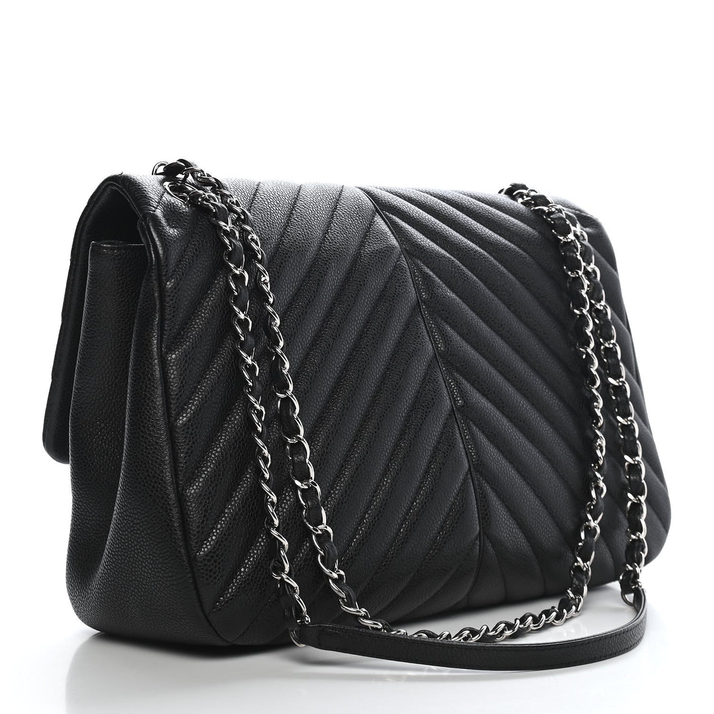 Caviar Chevron Quilted Large Puffy CC Flap Black